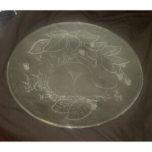 Vtg 13" Clear Glass Plate Etched Rabbit Bunny & Berry Design Decorative Display